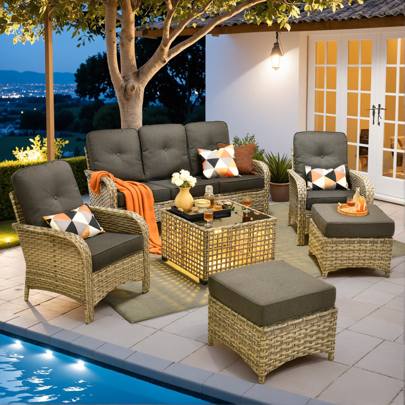 Emroy 5 - Person Wicker/Rattan Outdoor Sofa Seating Group with Lighted Coffee Table and Cushions, All Weather High Back Conversation Set for Garden Backyard