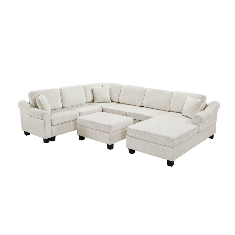 Canapé modulaire en U avec revêtement en chenille et repose-pieds avec rangement, Chenille blanche