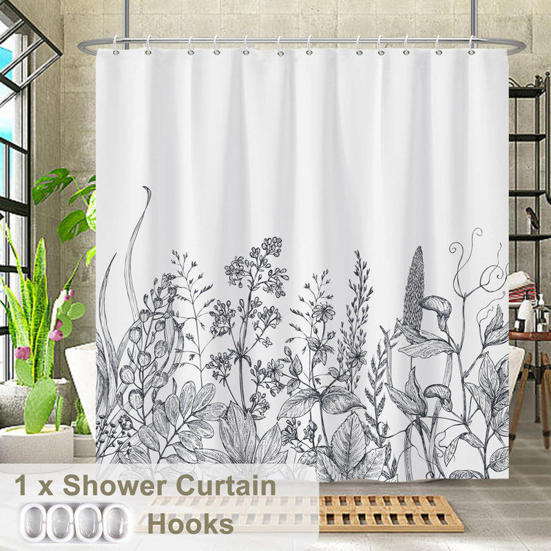 Pack of 1 Black and White Floral Minimalist Fabric Bath Curtain with Hooks, 182.88cm H x 182.88cm W