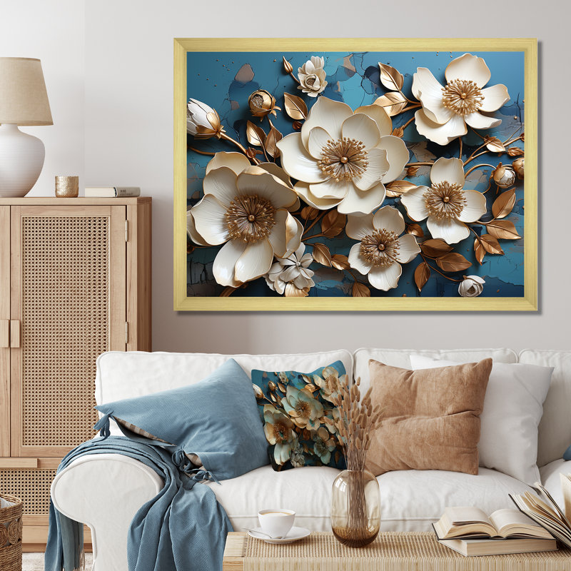 Orchidée dorée blanche et bleue, arbre II - Art mural floral abstrait, Cadre d'angle fermé doré, H 34 po x l 44 po x P 1,5 po