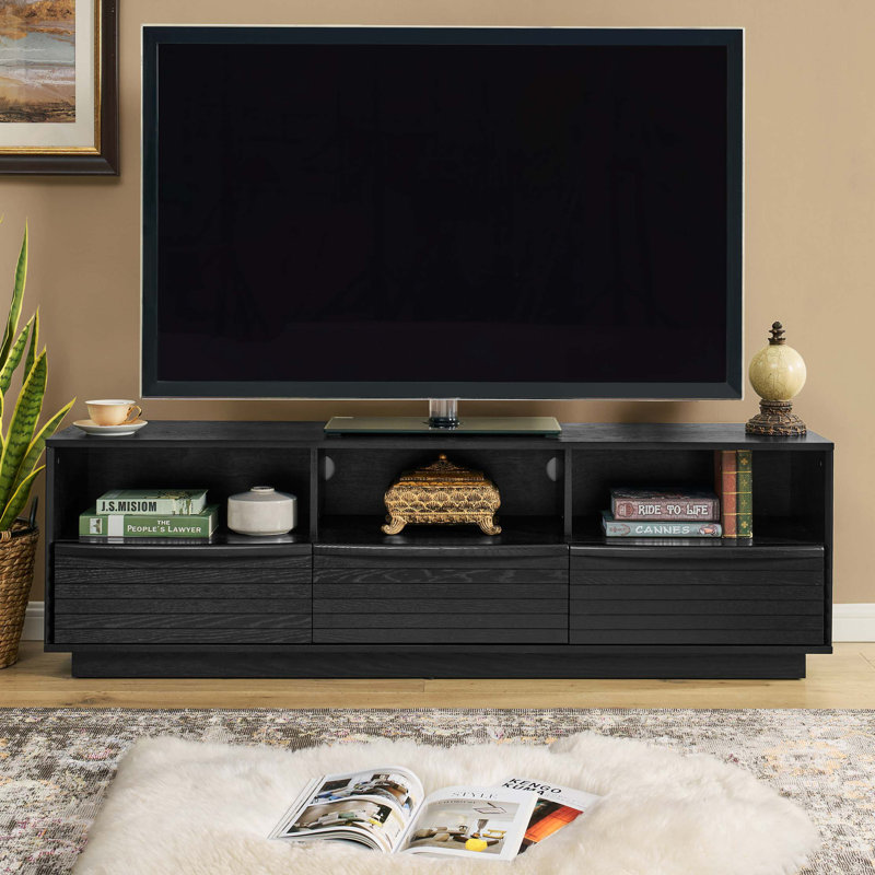 63" Mid-Century Modern TV Stand for TVs up to 75", Thick Sturdy Farmhouse Entertainment Cabinet, Media Console for Living Room, Louver Design & Solid Wood Drawers & Outlet Holes