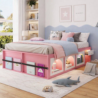 Wooden Platform Bed with Bookshelf, Display Cabinet, and LED Light