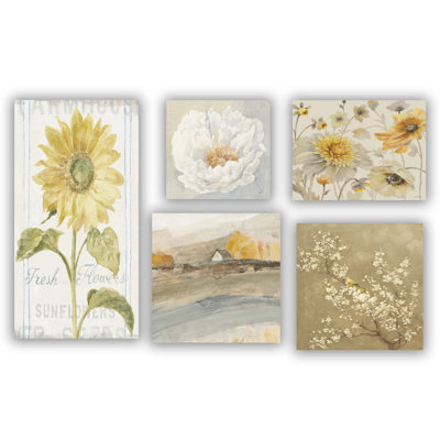 Ensemble de 5 panneaux de fleurs jaunes sur toile
