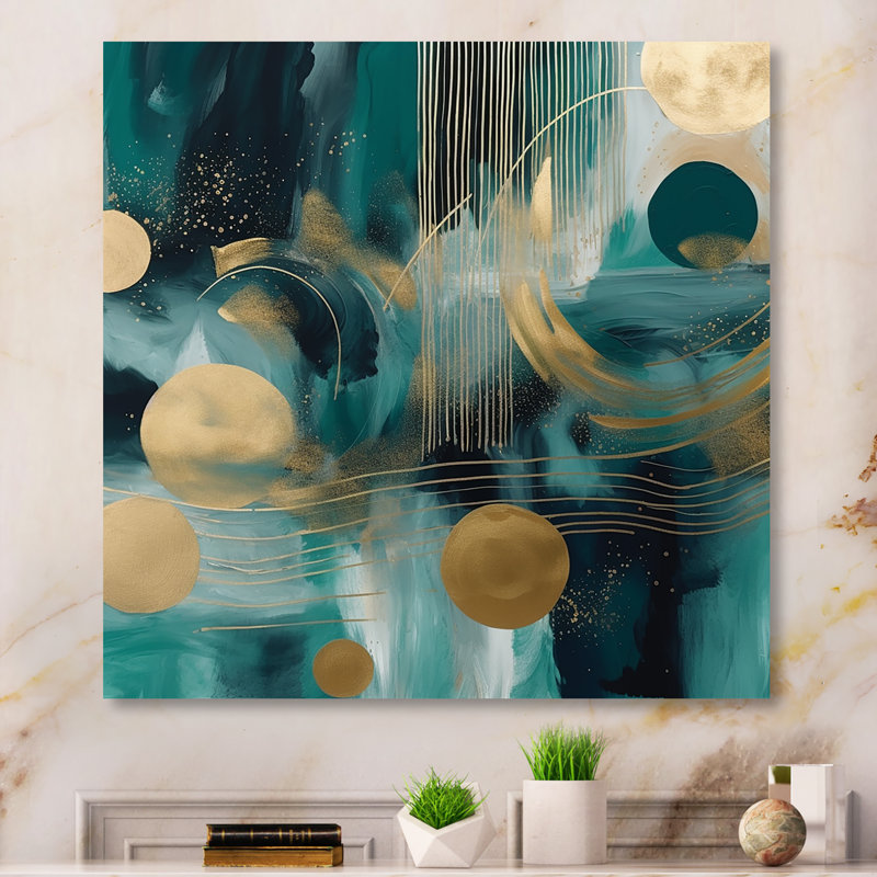 Vivid Emeral and Gold Contours Circles V - Abstract Shapes Art mural en métal, H 29 po x l 29 po