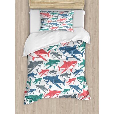 Mix of Colorful Bull Shark Family Pattern Masters of Survival Kids Nursery Duvet Cover Set -  Ambesonne, nev_19813_twin