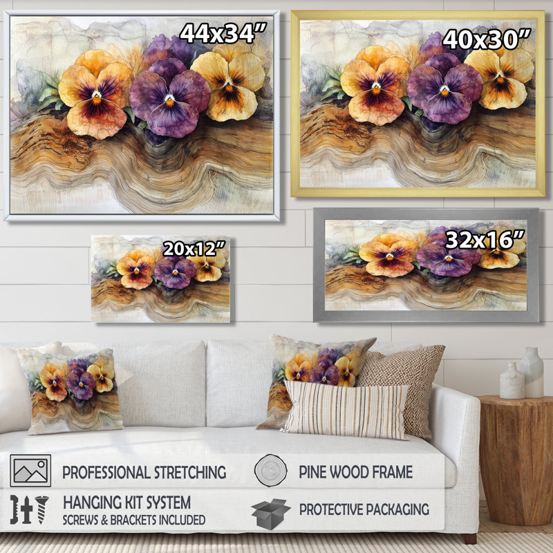 Giralt Summer Pansies Flowers on A Top of Wooden Slide II - Pansies, H 30 po x l 40 po, Brun, Impression encadrée flottante