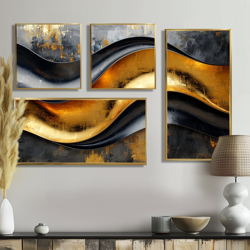 Géométrique Cooper Waves II - Art mural abstrait grand 4 pièces, Reproduction encadrée sans passe-partout, Doré
