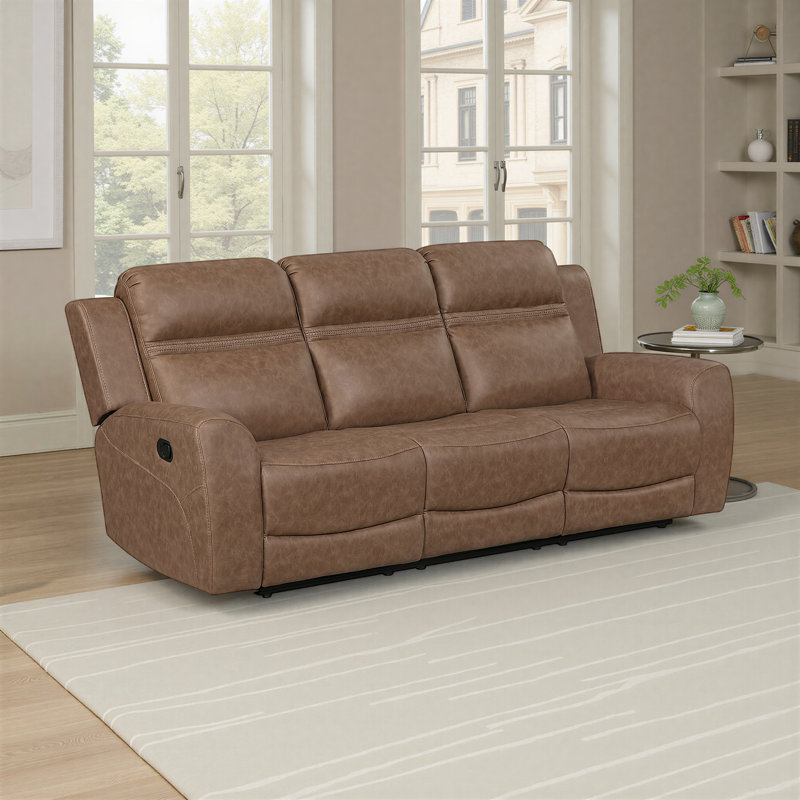 Rosner 85" Transitional Manual Double Reclining Sofa with Polished Microfiber & Space-Saving Wall-Hugger Design, Brown