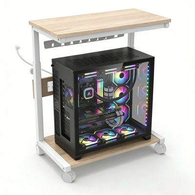 Adjustable 2-Tier Mobile Computer Tower Stand, Built-in USB Power Outlet, Wood & Steel Rolling CPU Holder, Locking Wheels, Under Desk Use