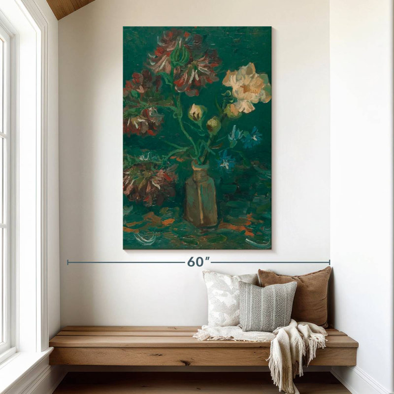 Harnek bouteille avec pivoines et delphiniums, H 51 po x l 34 po