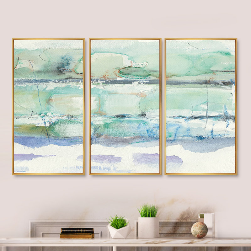 Panneau abstrait bleu I - ensemble d'art mural moderne et contemporain sur toile encadrée, 3 pièces, Or