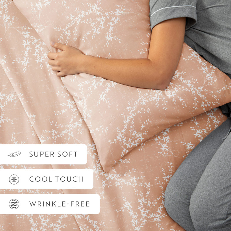 4 Piece Delicate Details Pattern Sheet Set, Apricot Floral, Queen Sheet Set with 2 Standard Pillowcase