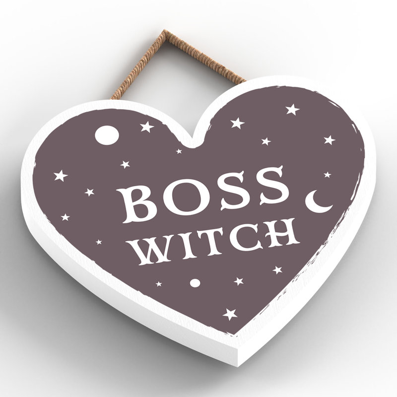 Boss Witch Wooden Heart Plaque, 10cm H x 9cm W x 0.5cm D