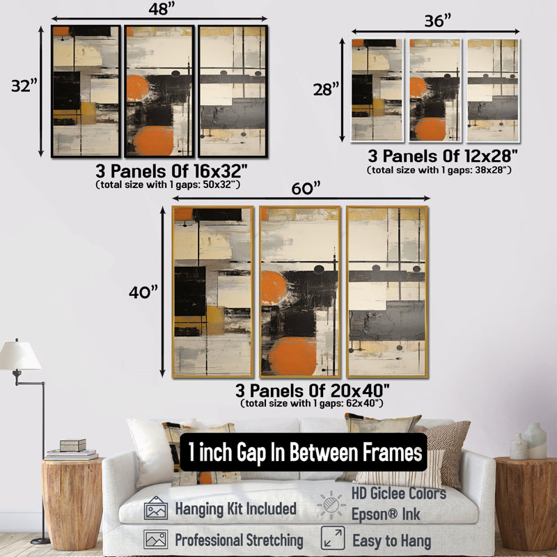 «Deconstrstruction Beige Orange Black White - Abstract Shapes», ensemble de reproductions d'art mural, Cadre flottant brun