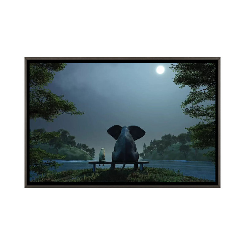Éléphant et chien la nuit d’été, H 26 po x l 40 po x P 1,5 po, Encadrement en bois foncé rustique, Pas de tapis