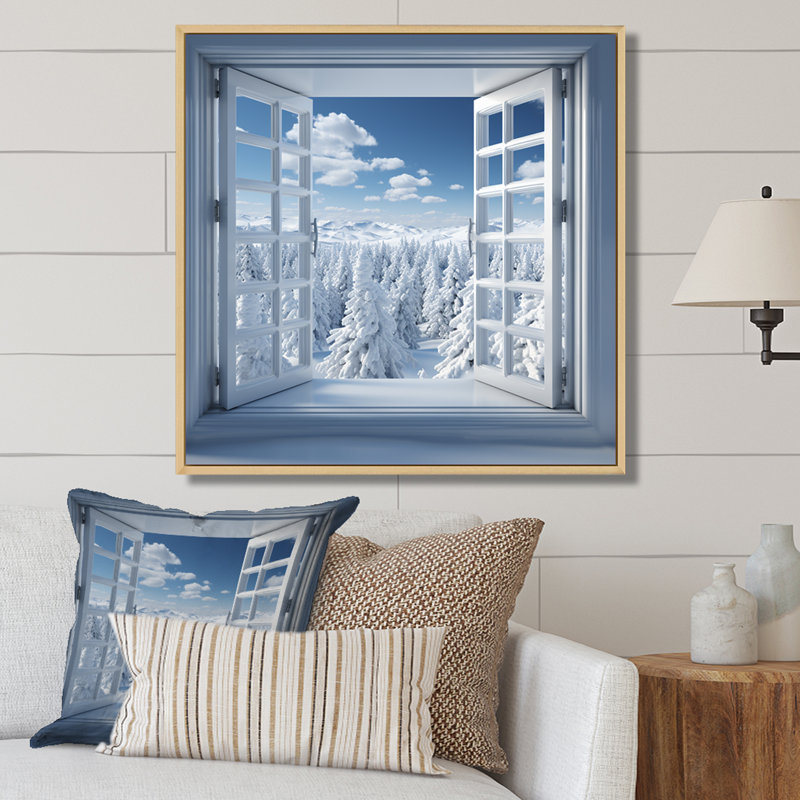 Winter Forest Window Views II - Winter Landscape, art mural, Cadre flottant brun, H 36 po x l 36 po x P 1,5 po
