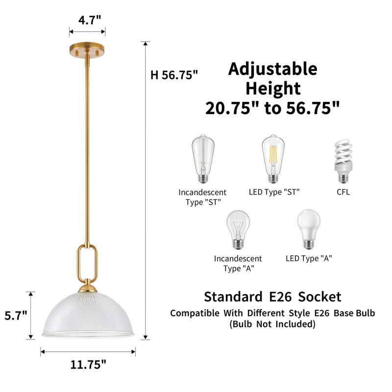 12’’ Pendant Light with Ribbed Glass Shade, Brushed Gold
