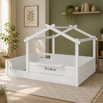Lit de sol pleine grandeur avec barrières de sécurité et toit, lit de sol cabane pour enfants avec petit plateau intégré et panneau d'affichage offert, design enfantin, blanc