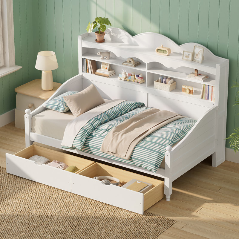 Twin Daybed With Storage Drawers, Wooden Twin Day Bed With Storage Headboard Shelving, Retro Style Daybed For Bedroom,Living Room,Guest Room,No Box Spring Needed, Easy Assembly