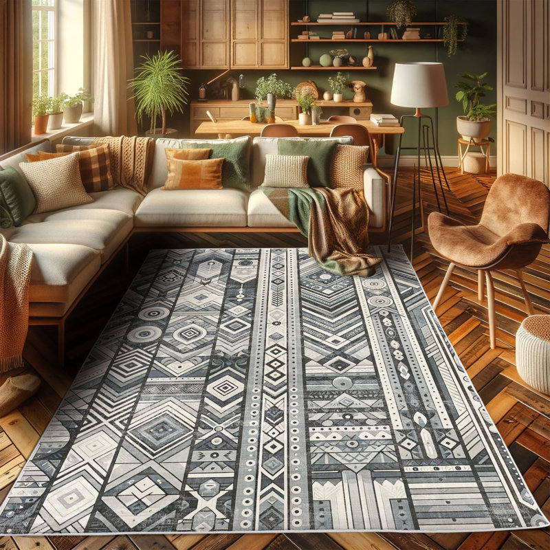 Dark Blue and White Tribal Stripe Synthetic Area Rug, 2'5" x 5'