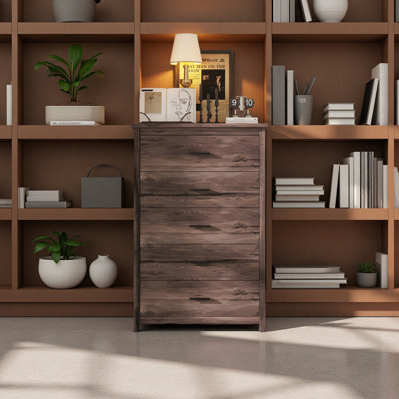Commode en bois rétro à 5 tiroirs, Noyer foncé