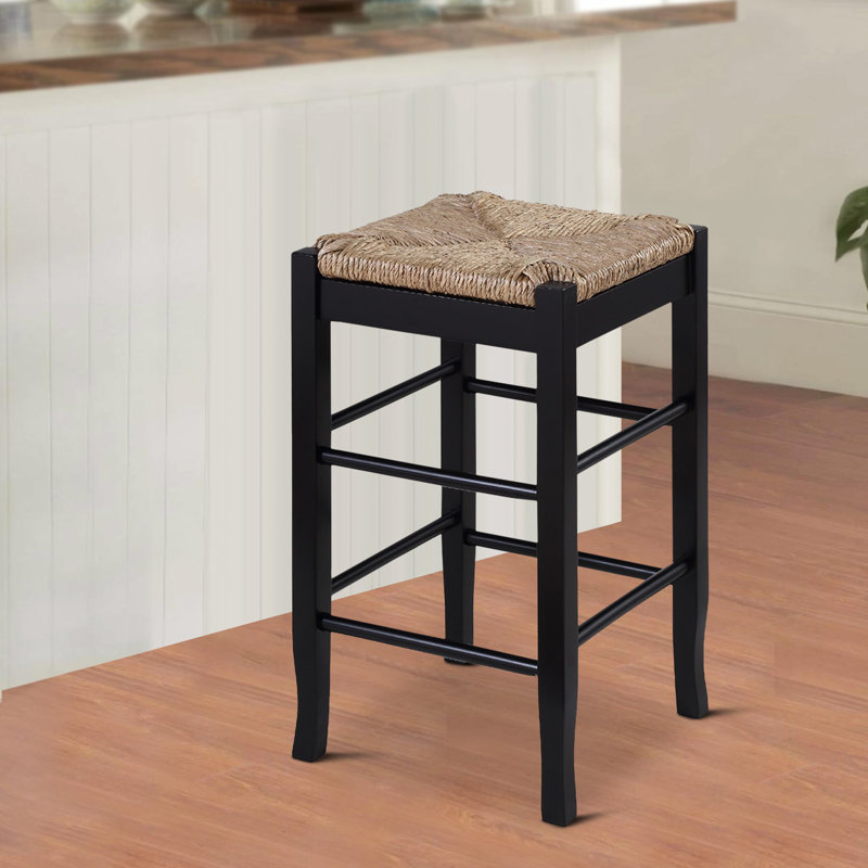 Black Wood Counter Stool with Handwoven Rush Seat