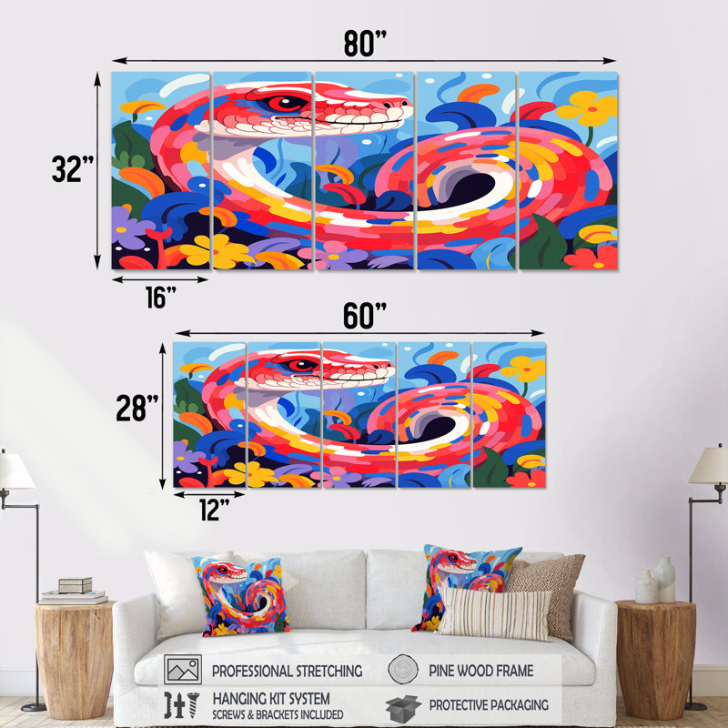 Popart Snakes Grace - ensemble d'art mural 5 pièces Snake, H 28 po x l 60 po
