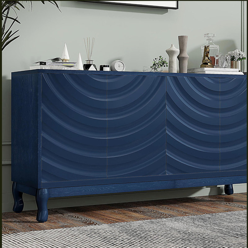 Buffet avec portes sophistiquées à motif ondulé et rainures arquées, Marine