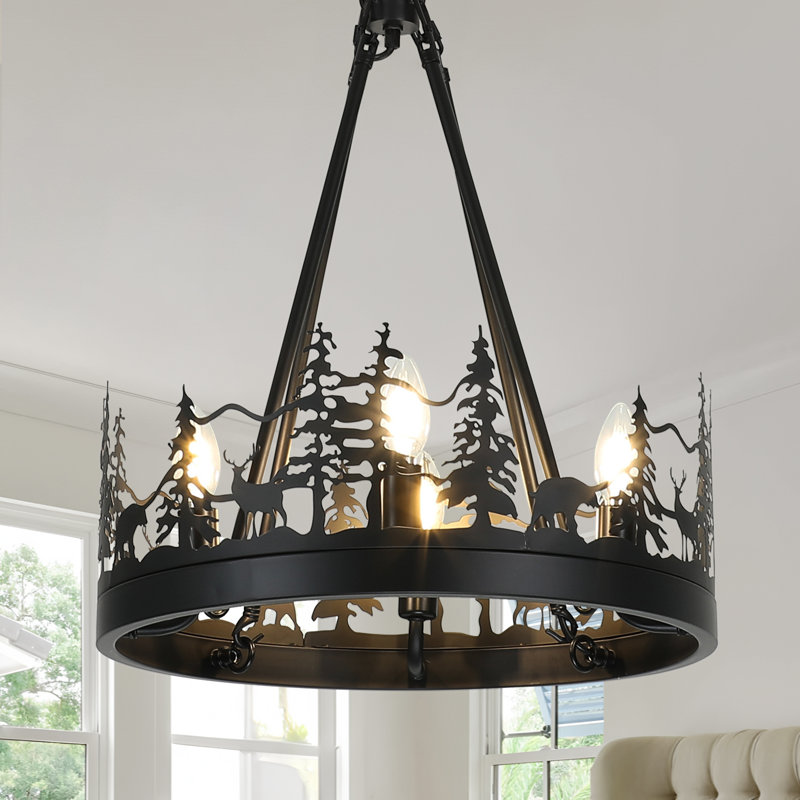 Lustre rustique à roulettes de style ambiant, H 46,1 po x l 17,7 po x P 17,7 po, Noir mat, 4 lumières