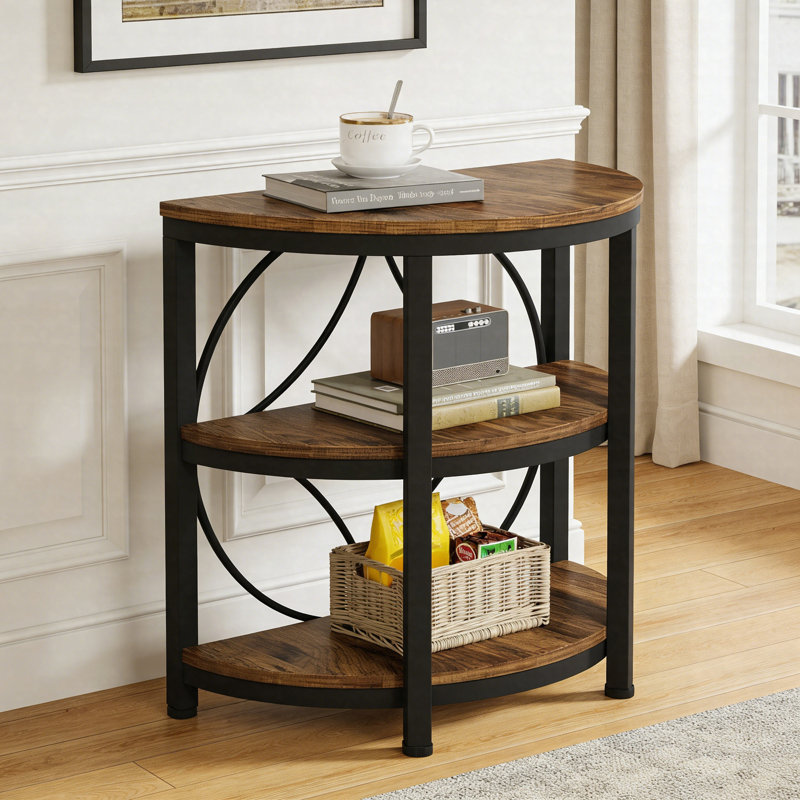Table de bout demi-ronde à 3 niveaux, table d'appoint étroite avec structure en métal, Brun