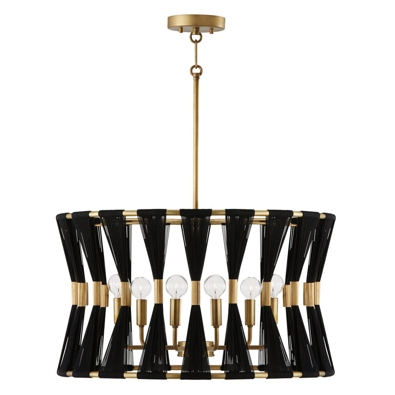 Luminaire suspendu tambour unique à 6 lumières avec accents de corde Bianca, Corde noire