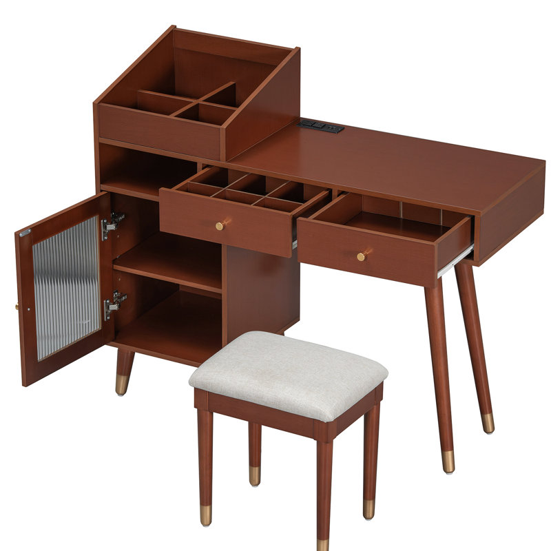 Walnut Makeup Desk With Drawers, Cabinet, Charging Function And - Glass Door For Stylish Decor Space Saving Dressing Table Function, Stool Exquisite Design