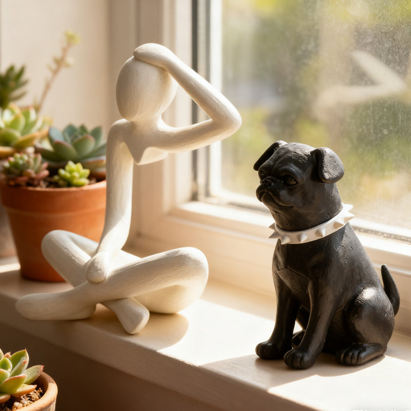 2 Pieces Mini Resin Creative Thinker and Dog Sculpture, Abstract Art Decoration for Home Office Bookshelf Table Bookshelf Decorations, White