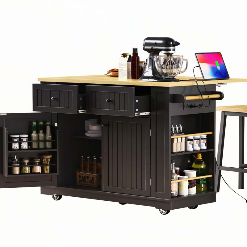 Grand îlot de cuisine de 48 pouces avec 2 tabourets de bar, prise de courant, support de rangement interne pour porte, chariot de rangement de cuisine sur 5 roulettes avec abattant, 5 supports latéraux ouverts, 2 tiroirs, pour la cuisine, la salle à manger, noir