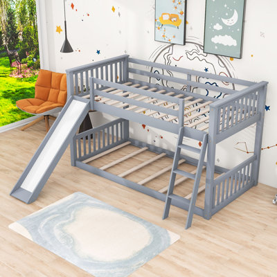 Twin Over Twin Bunk Bed With Slide And Ladder,Guardrails