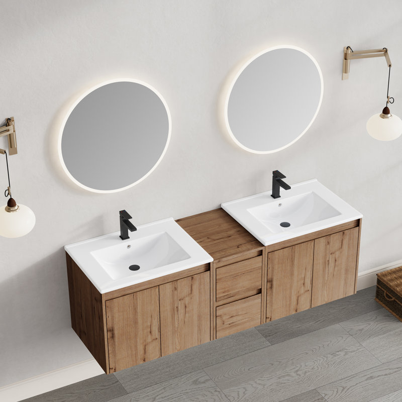 Meuble-lavabo mural 60 po avec armoire latérale, tiroirs à fermeture en douceur, tablettes réglables et grand espace de rangement 60 po