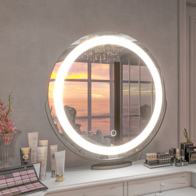 Jimya Stepless Dimmable Round LED Desktop Mirror with 360° Swivel