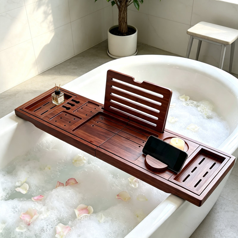 Bamboo Bathtub Tray Expandable Foldable Caddy Walnut