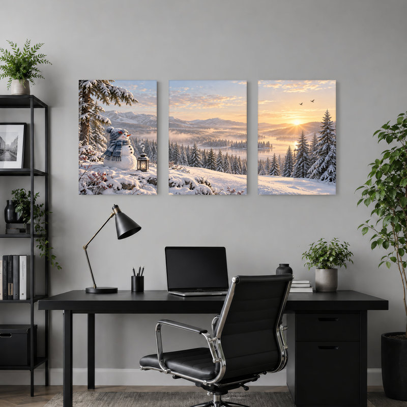 «Snowman and Lantern In Snowy Forest», ensemble de 3 toiles murales, 48"W x 24"H Overall - 3 Panels