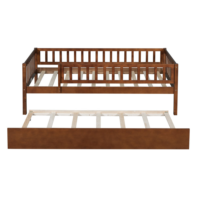 Wood Daybed With Trundle And Fence Guardrails, Walnut, Twin