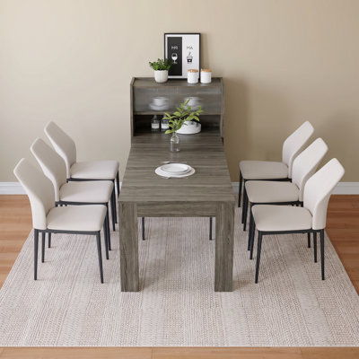 Table de salle à manger convertible extensible avec 6 chaises rembourrées, L 86,61 po x l 33,27 po x H 29,92 po x H 29,92 po x 2 en 1 avec huche de rangement intégrée, meubles en bois manufacturé peu encombrants pour la cuisine et les petits appartements