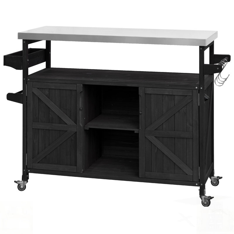 Îlot de cuisine extérieur, chariot à roulettes et armoire de rangement avec plateau en acier inoxydable pour des réceptions et un rangement polyvalents