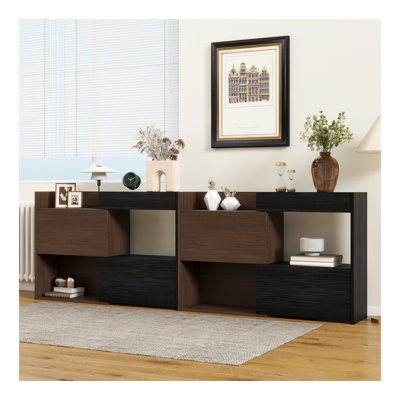 Ensemble de 2 armoires de rangement multifonctions de 32,5 po à 58,8 po de largeur, buffet avec tiroir, armoire d'angle pour décoration de fenêtre en H 44 po, salon, couloir, entrée, cuisine et bureau - noir et noyer