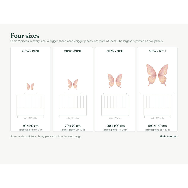 Large Butterfly Wing Wall Decals, Set of 2 Peel and Stick Nursery Wall Stickers, Satin Finish Removable Kids Room Wall Art, 20"W x 20"H (50 x 50 cm)