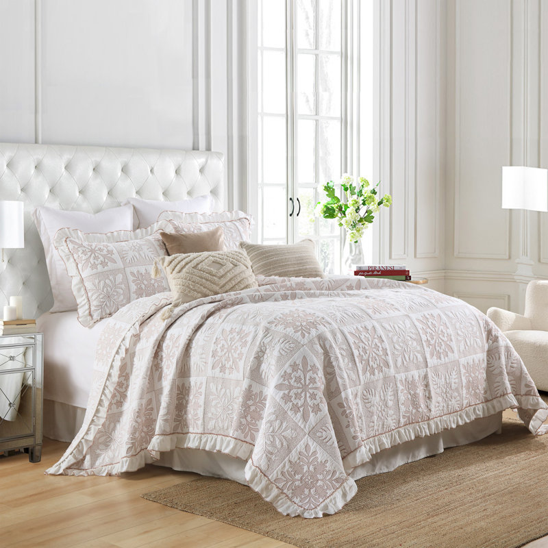 MarCielo 3 Piece Cotton Oversized Bedspread Set Coverlet Set Lightweight Quilt Set TJ, Beige Abstract