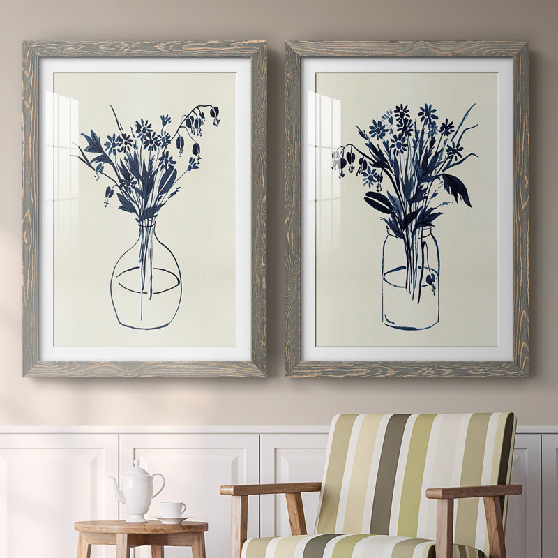 «Indigo Floral Vase I», reproduction de cadre photo sur toile 2 pièces, H 27,5 po x l 75 po x P 1,5 po, Gris