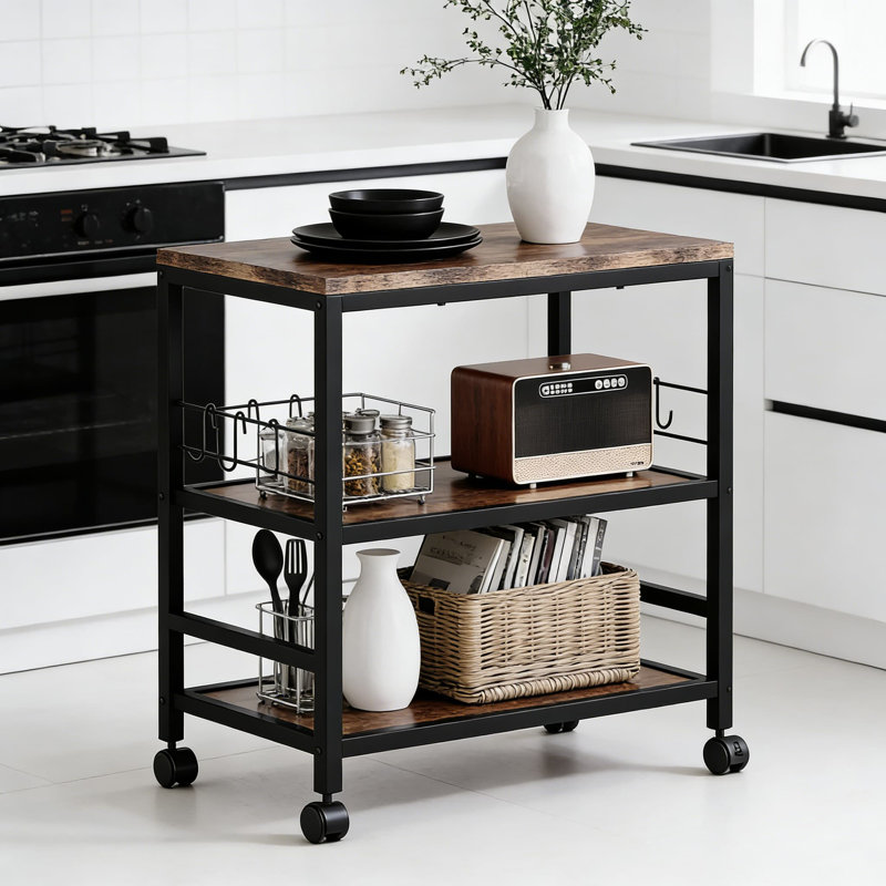Chariot de cuisine à 3 niveaux avec roulettes verrouillables, support pour micro-ondes et tablettes de rangement, chariot polyvalent avec comptoir de station de préparation et crochets