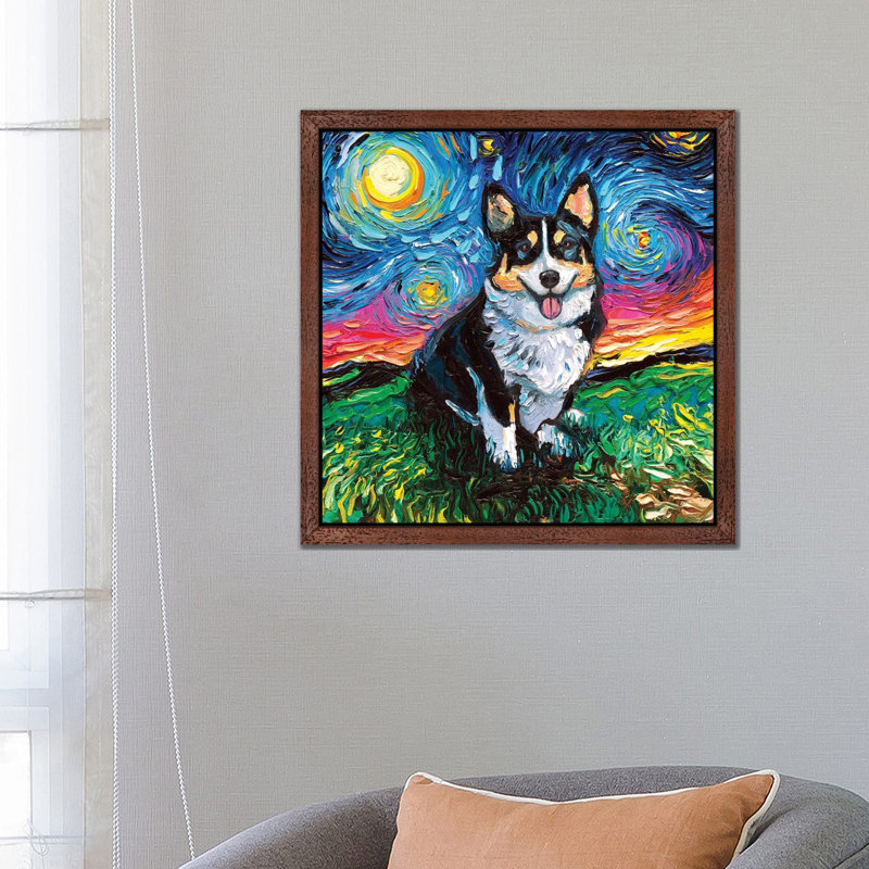 Tri-Color Corgi Night by Aja Trier - Floater Frame Painting on Canvas, Brown Framed, 66.04 cm H x 66.04 cm W