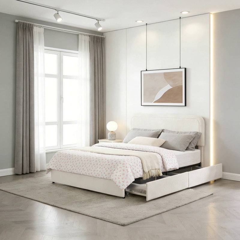 Grand lit plateforme tapissier ivoire
