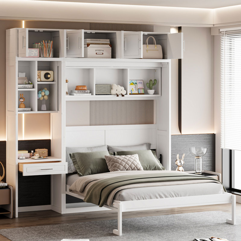 Lit escamotable avec bureau intégré et rangement, Blanc, Grand